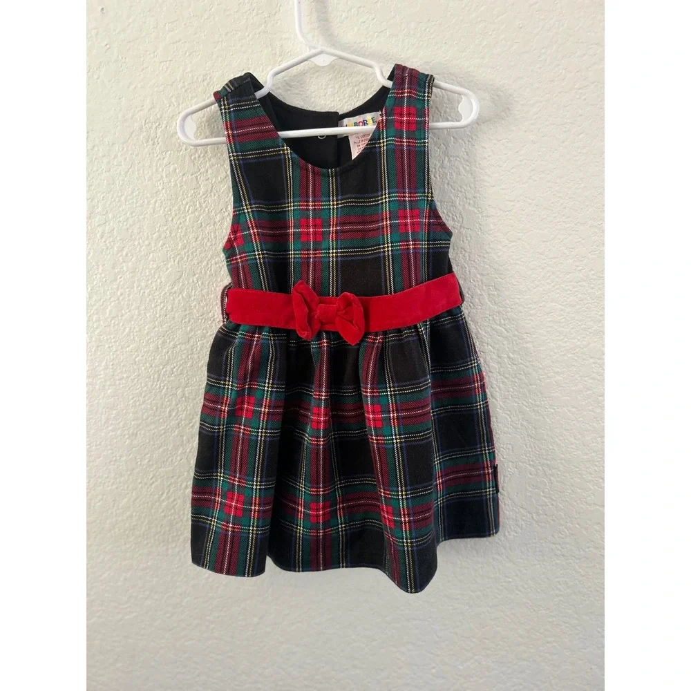 Vintage Rainbow Tag Girls Red Green Plaid Holiday Dress Velvet Bowo Small